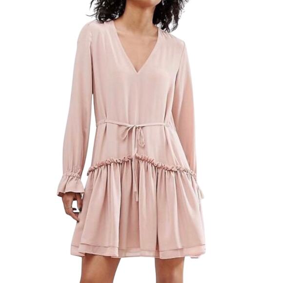 All Saints Nude Pink Alia Ruffle Hem Silk Long Sleeve Dress Size Small - Picture 1 of 8
